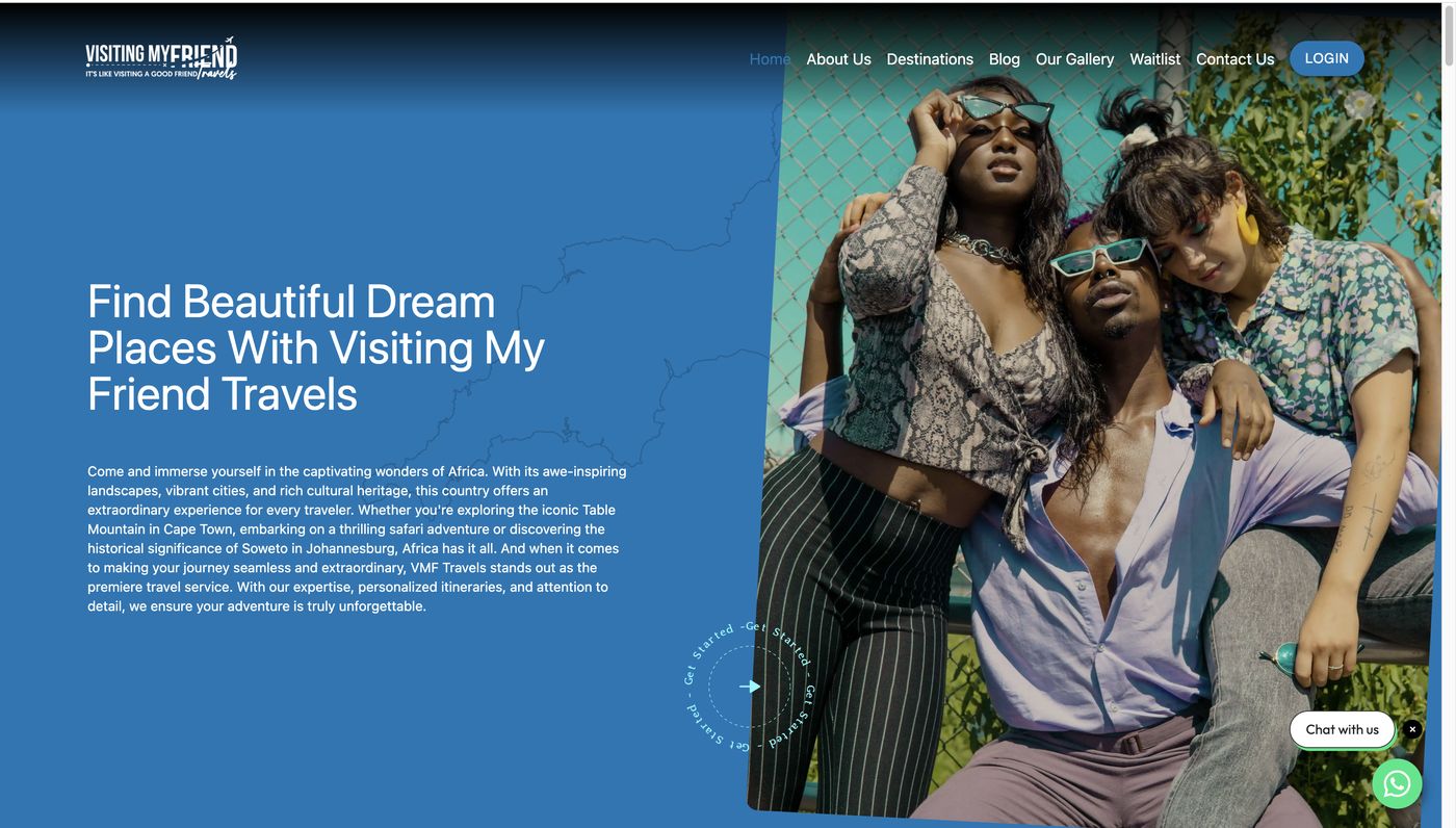 Visiting My Friend Travels homepage with hero headline and travellers photo